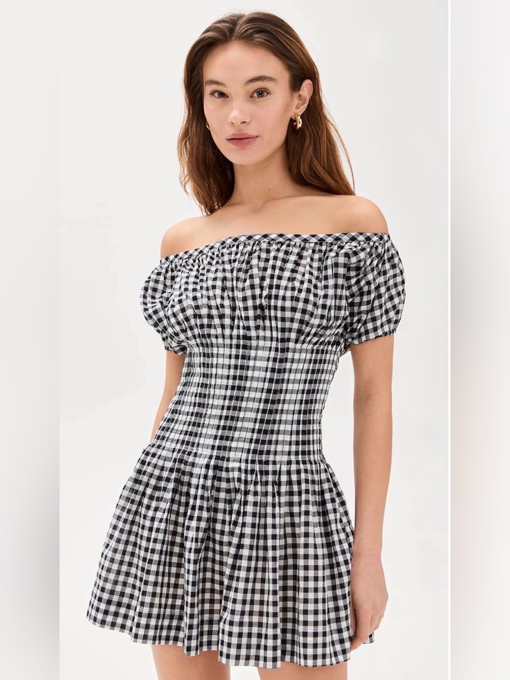 Frankie's Bikinis Black and White Gingham Off-Shoulder Mini Dress